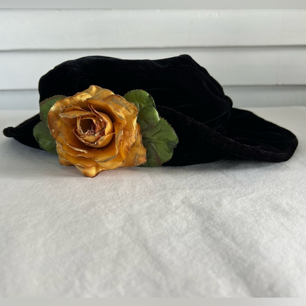 Vintage  Black Hat with Gold Flower Accent  by Accessory Lady w/‎ Tag